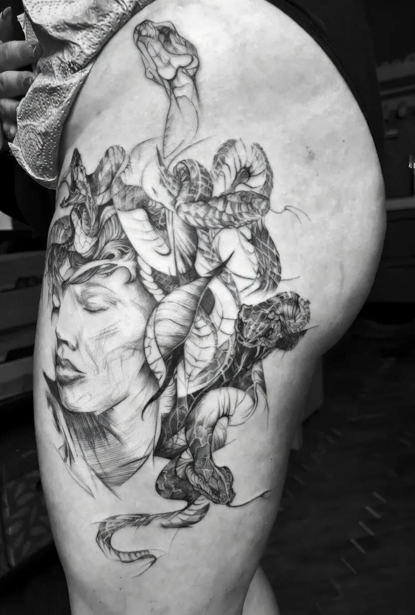 Tetovanie Medúzy s hadmi na stehne