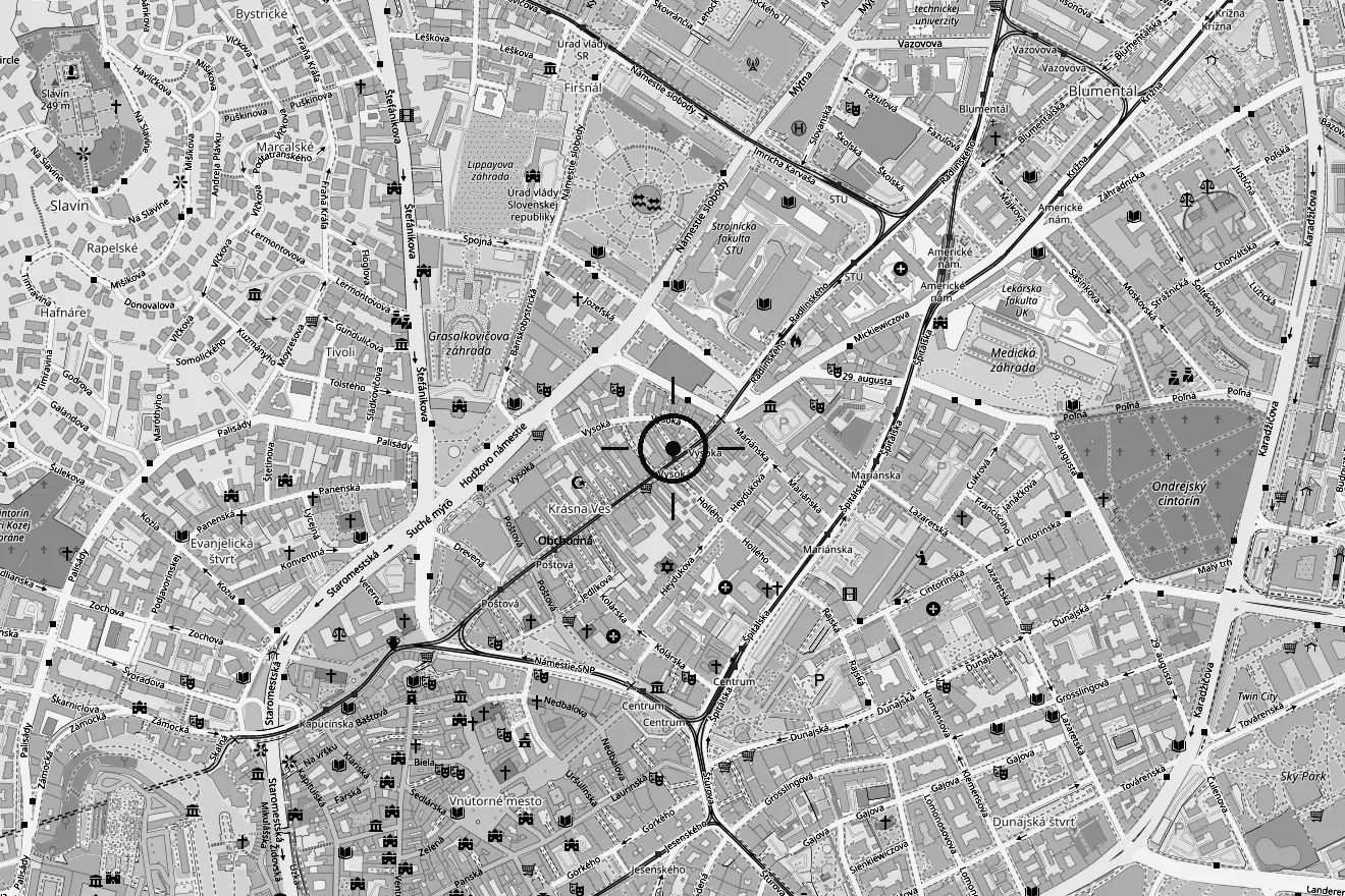 Mapa okolia štúdia Tattoo3Faces na Obchodnej v Bratislave